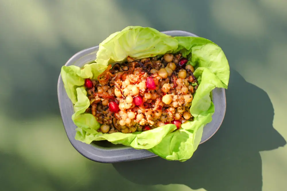 Warm Moghrabieh with Chickpeas and Pecan Nuts 